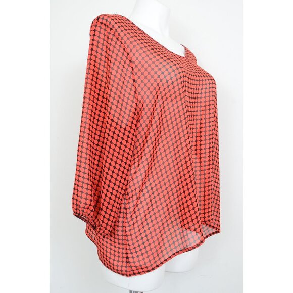 Bongo Plus 3X Red Black Dots Back Bow Sheer Blouse Office Travel Artsy Top - Picture 4 of 10